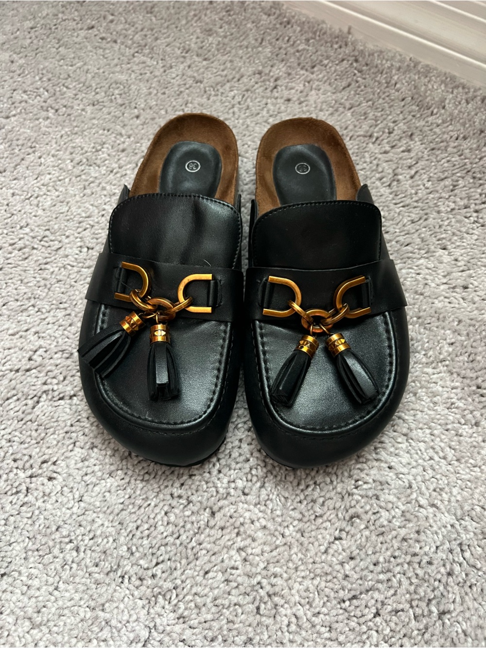 NWOT Black Tassel Loafer Slides with Gold Hardware - Women 6